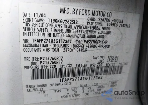 2005 Ford Five Hundred Sel from USA, damaged, VIN 1FAFP27185G117362